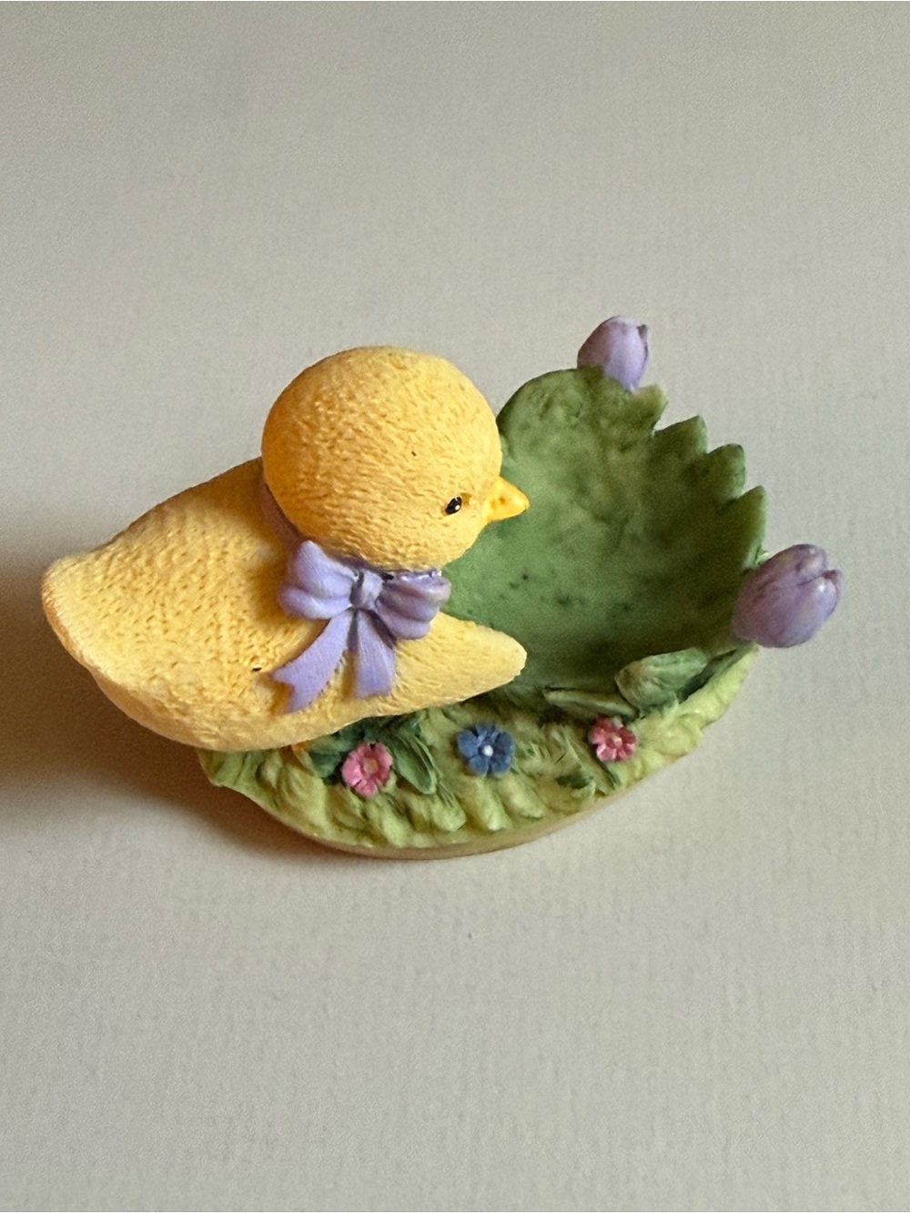 Vintage Easter Yellow Chick Figurine with Lilac Bow and Green Floral Nest